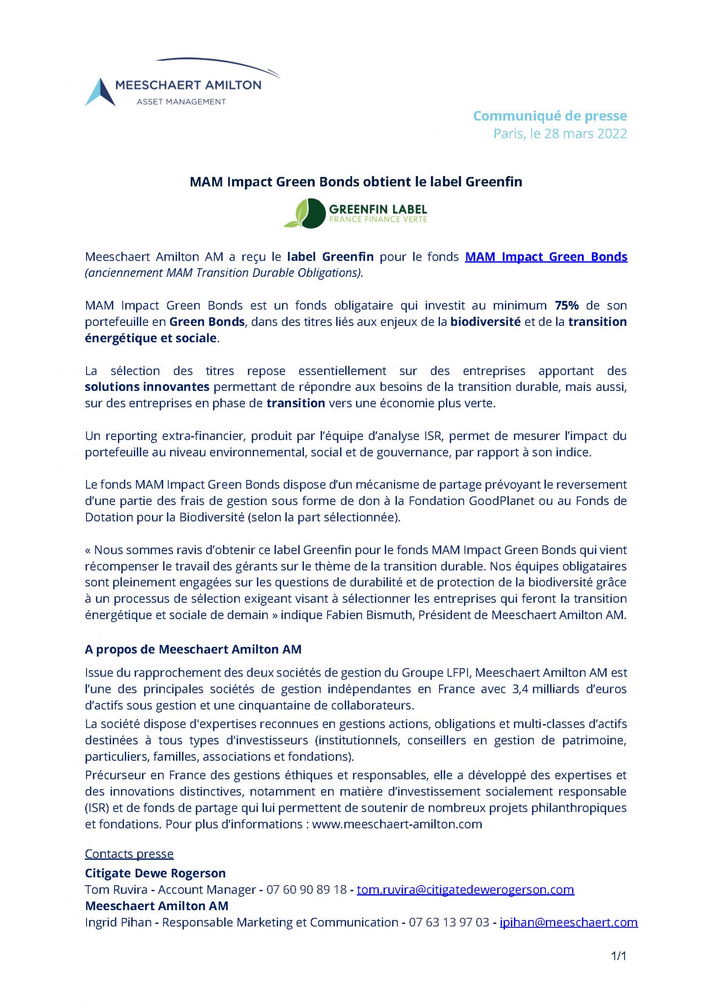 MAM Impact Green Bonds obtient le label Greenfin Meeschaert